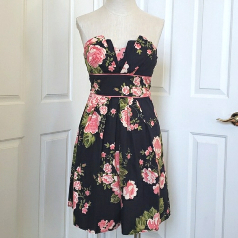 Vintage 90's Strapless Black Coral Pink Floral Dress Romantic Cottagecore | XS - Picture 3 of 12